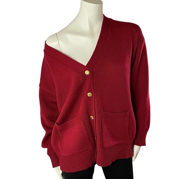 Vintage Sweaters - Vintage Oversized Slouchy Knit V Neck Cardigan Sweater Academia Burgandy Red